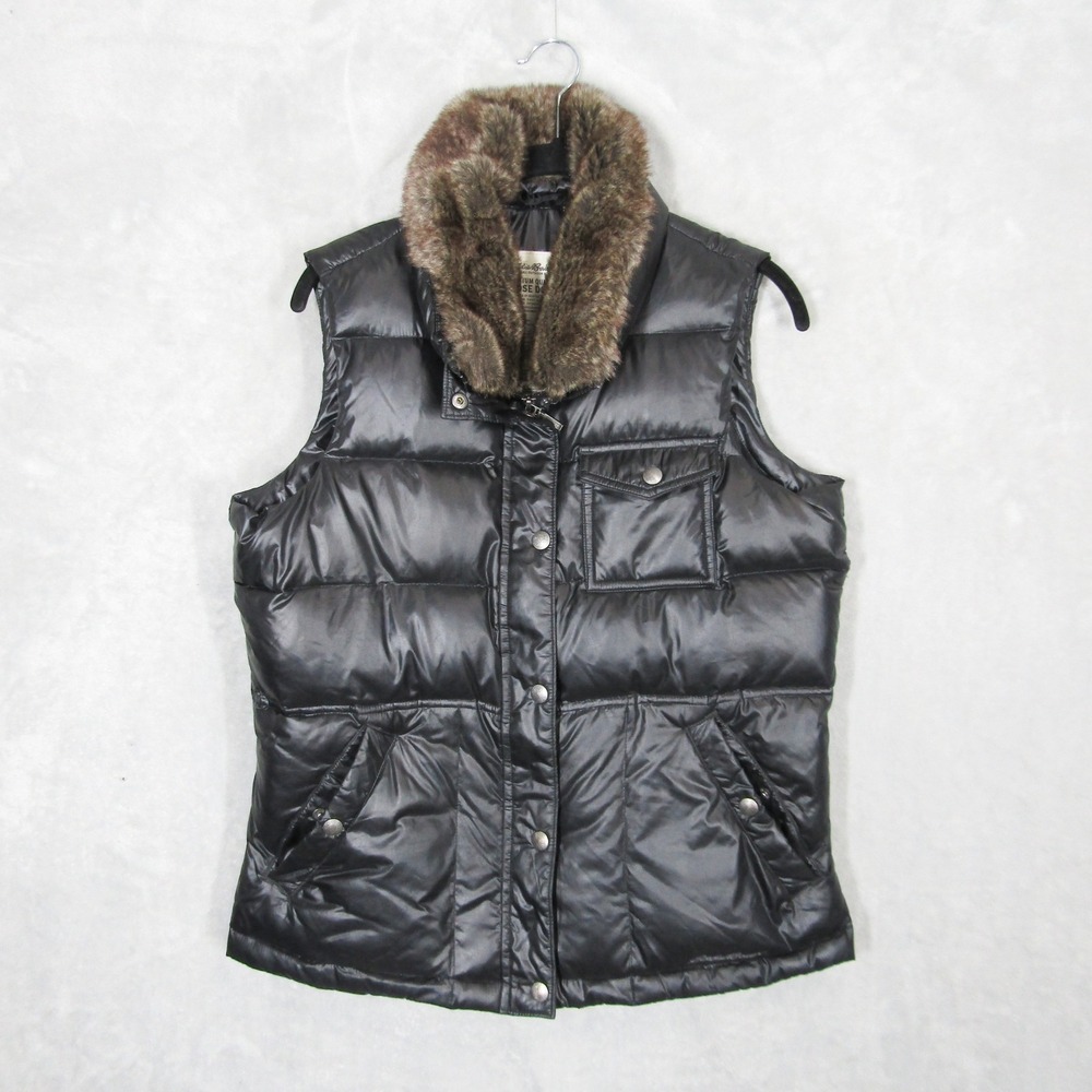 Eddie Bauer Womens Puffer Vest Size Medium Faux Fur Collar Goose Down Black